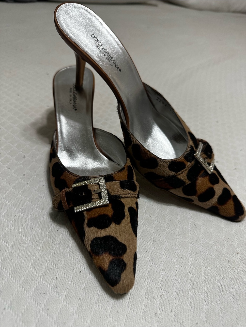 Dolce & Gabbana Leopard Print Pointed-Toe Mules with Rhinestone Buckle